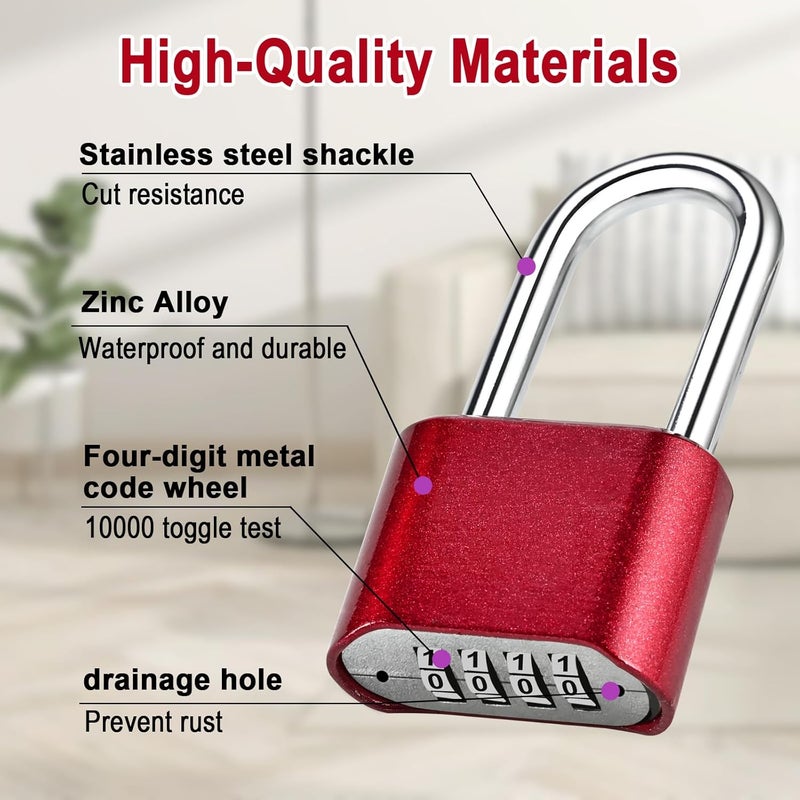 Faburo Combination Lock, 4-Digit Heavy Duty Combo Lock, Combination Padlock Outdoor Waterproof Gate Locks for Outdoor Fence, Locker, Sheds, Gym, Gate Hasps (Long Shackle) (2pcs-Red) - Image 3